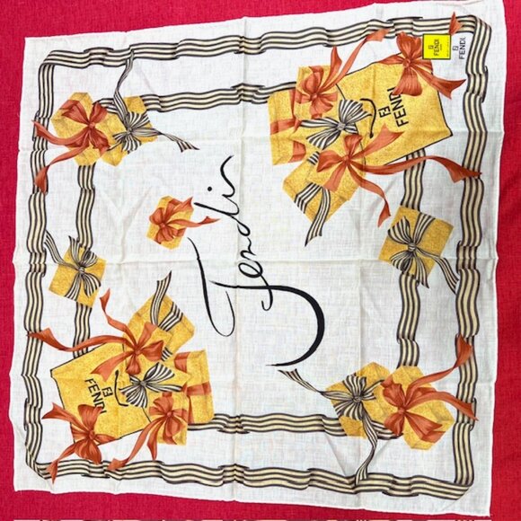 New Fendi Cotton/ Handkerchief/MiniScarf 19" Ivery yellow orange bow ties (94) - Picture 5 of 6